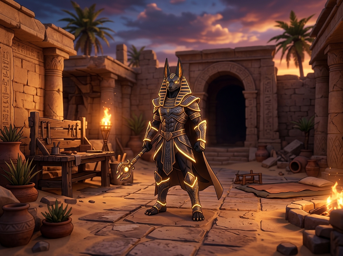 Anubis standing near ancient stone ruins in Palworld 1.0 desert biome