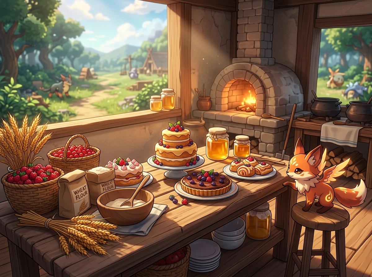 Palworld base kitchen with baked cake and breeding ingredients